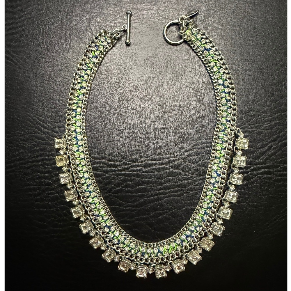Ann Taylor Silver Tone Crystal Statement Bib Necklace Green Woven Cord Toggle